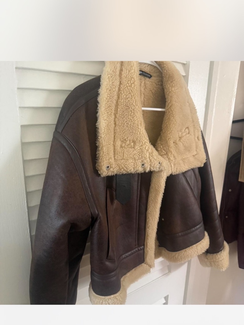 Zara Brown Leather Aviator Jacket with Cream Shearling Collar